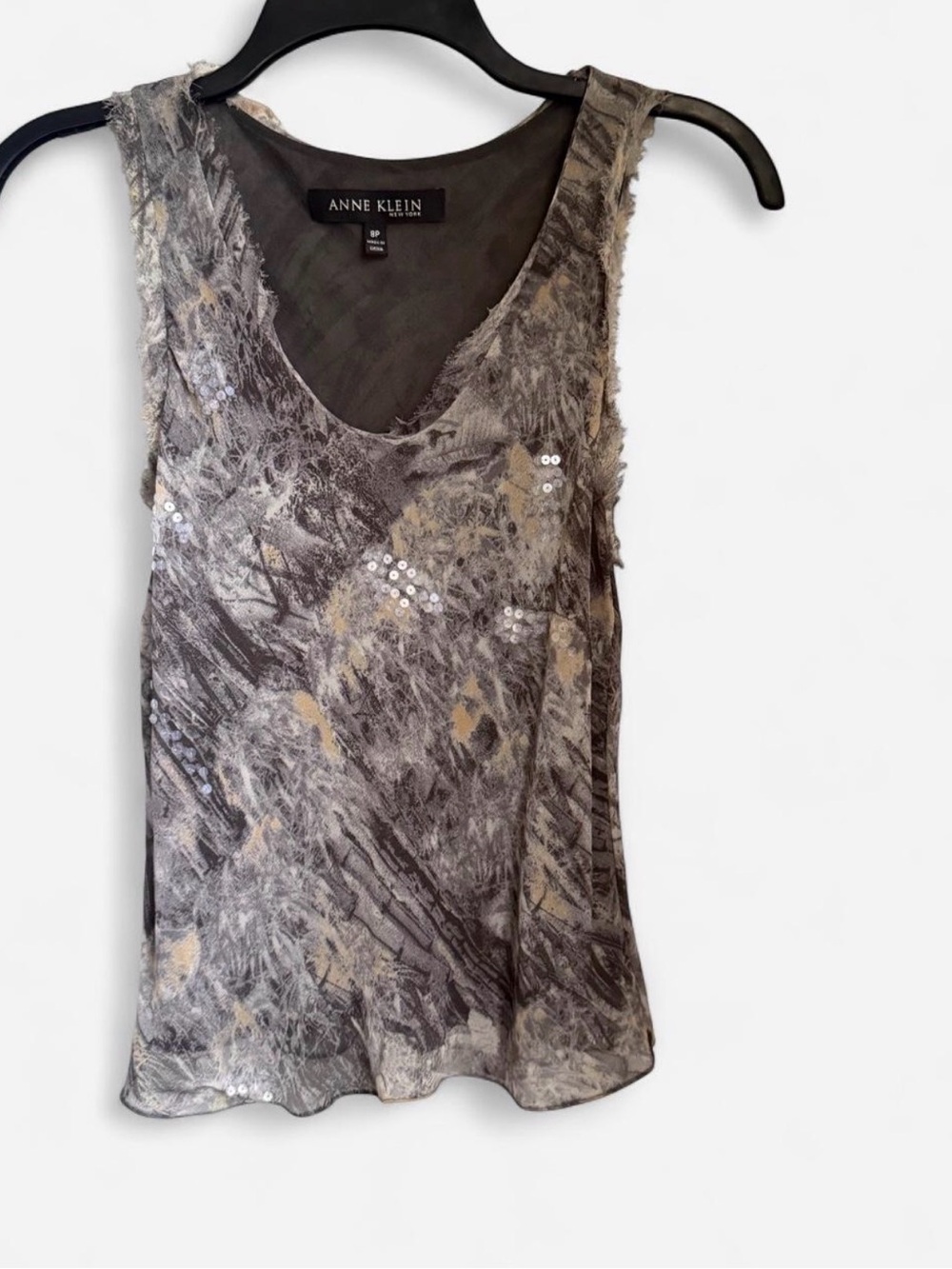 Mod edgy Anne Klein y2k 100% Silk Sequin Abstract V-Neck Tank Top Sleeveless Sm